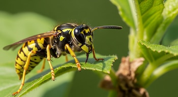 Fotografía macro de una avispa amarilla y negra con aguijón visible, posada en una hoja verde con fondo desenfocado.