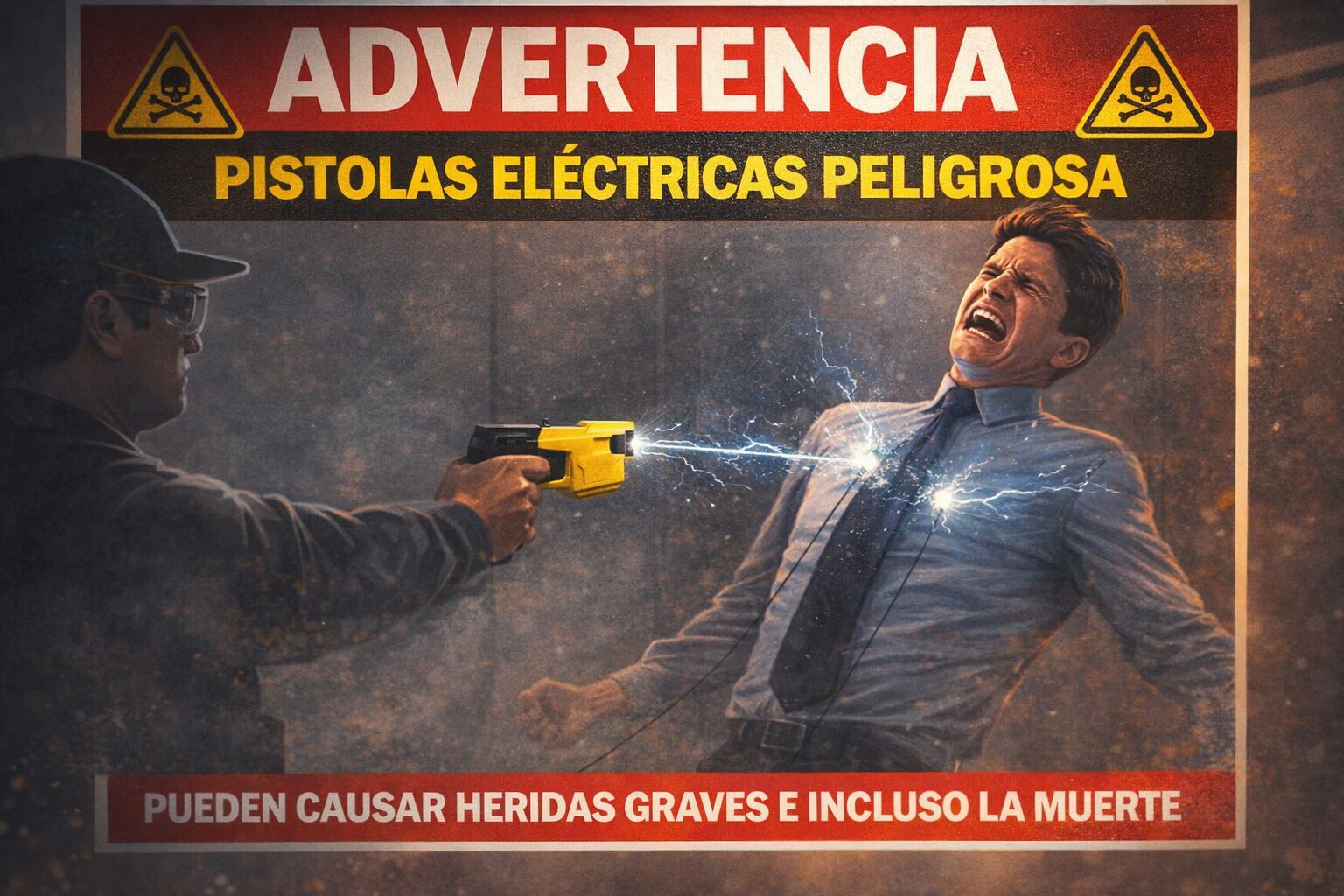 Un hombre es alcanzado por una descarga eléctrica de una pistola tipo táser, ilustrando la advertencia sobre los peligros graves y fatales que estos dispositivos pueden causar. (Imagen Ilustrativa Infobae)