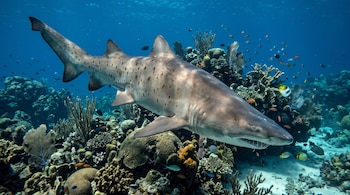 Un tiburón tigre de arena nada sobre una formación de coral y un lecho de arena con varios peces pequeños.