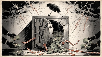 Bóveda abierta con fajos de billetes desbordados, sellos rotos, un paraguas deteriorado sobre el techo, relámpagos y manos con guantes negros.