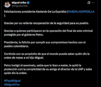 Miguel Uribe Londoño exigió conocer la identidad de la persona que ordenó la muerte de su hijo Miguel Uribe Turbay - crédito @migueluribel / X