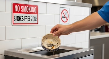 Mano de una persona dejando un cenicero sucio con colillas en un bote de basura de acero. En la pared de azulejos blancos se ven carteles de 'NO SMOKING'.