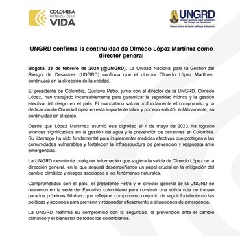 La Ungrd emitió un comunicado informando que el presidente ratificó a Olmedo López en su cargo
