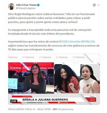 El representante Julio César Triana aseguró que la Contraloría y la Procuraduría deben revisar las decisiones financieras tomadas por el Gobierno saliente - crédito @TrianaCongreso/X