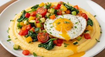 Un plato blanco con polenta amarilla, trozos de tomate rojo, calabacín verde, pimiento rojo y amarillo, espinaca y un huevo frito espolvoreado con pimienta negra.