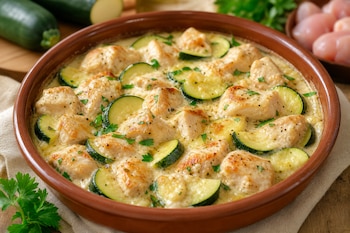 Cazuela de barro con trozos de pollo dorado, rodajas de calabacín, salsa cremosa y perejil picado sobre una mesa de madera.
