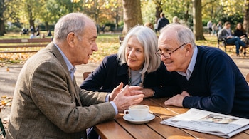 Tres adultos mayores sentados en una mesa de madera al aire libre. Un hombre gesticula al hablar, los otros dos escuchan. Una taza de café y un periódico sobre la mesa.
