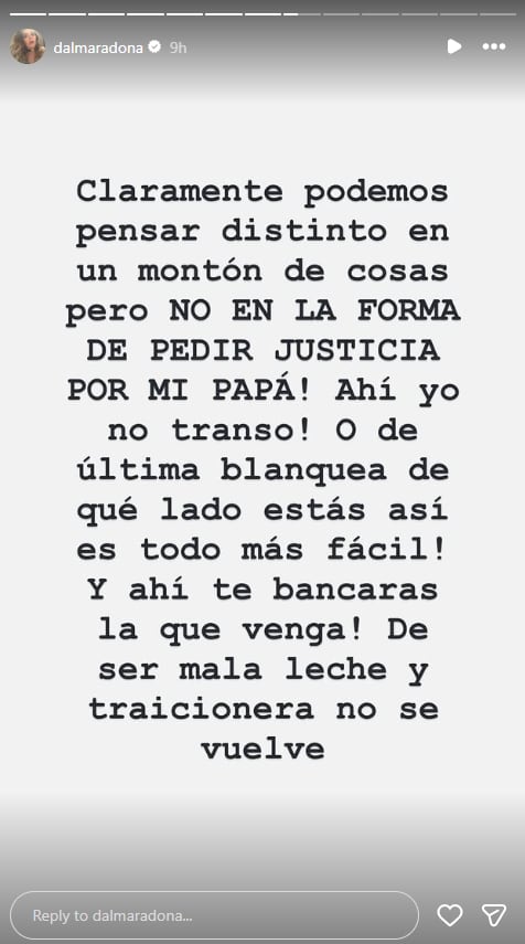 La hija mayor del Diez dejó en claro su enojo luego de la postura de su hermana en el juicio (Instagram)