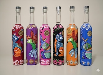Seis botellas de vidrio con cuellos transparentes y tapones oscuros, decoradas con figuras de gatos, colibríes y conejos, y patrones florales