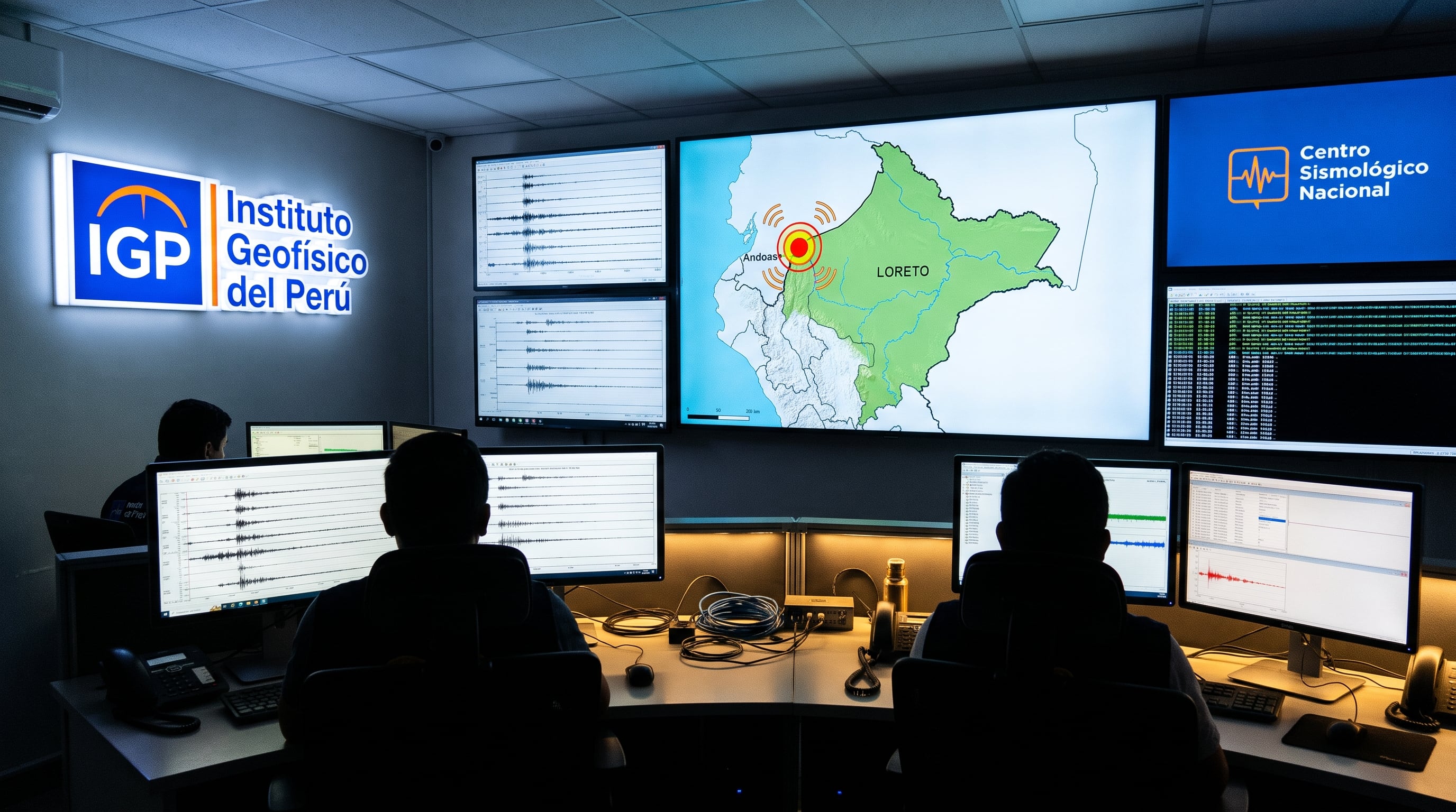 Especialistas del Instituto Geofísico del Perú vigilan la actividad sísmica en Andoas, Loreto, desde las pantallas de la sala del Centro Sismológico Nacional. (Imagen Ilustrativa Infobae)