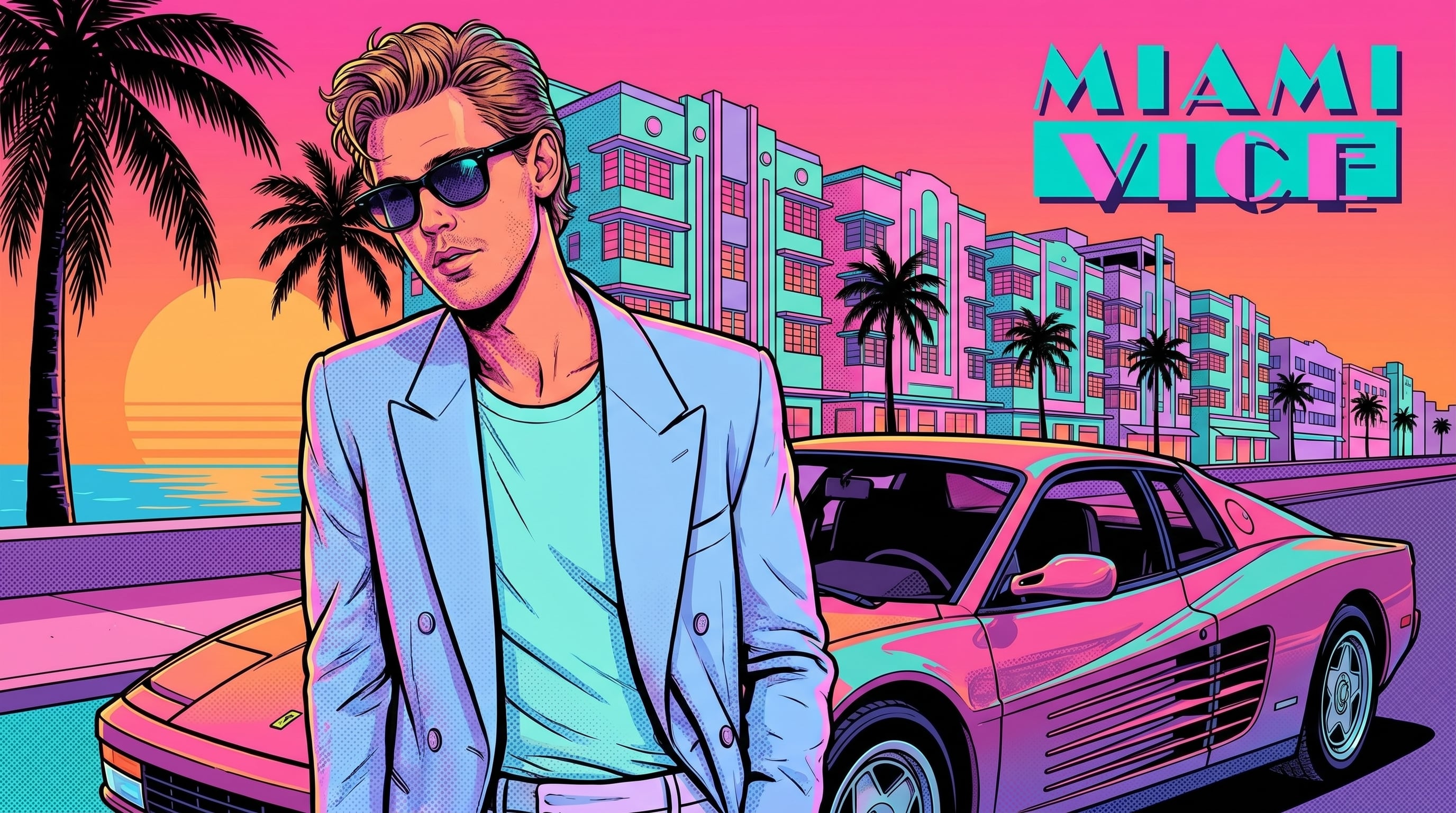 Una ilustración de Austin Butler al estilo Miami Vice, luciendo gafas de sol y un traje claro, parado frente a un coche deportivo rosa y edificios Art Deco al atardecer. (Imagen Ilustrativa Infobae)
