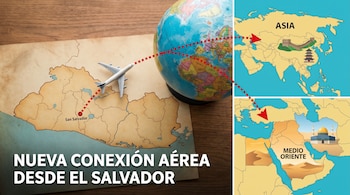 Imagen simulada de un avión despegando del mapa de El Salvador con una ruta punteada que se extiende a través de un globo terráqueo y mapas de Asia y Medio Oriente.