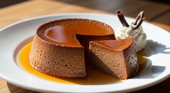 Un flan de chocolate redondo con una porción triangular cortada en un plato blanco, con salsa de caramelo, crema batida y rizos de chocolate.