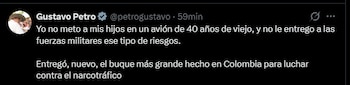 Mensaje del presidente Gustavo Petro en el que cuestiona la compra de aviones Hércules C-130 y responsabiliza al gobierno de Iván Duque tras el accidente ocurrido en Putumayo - crédito Gustavo Petro/X