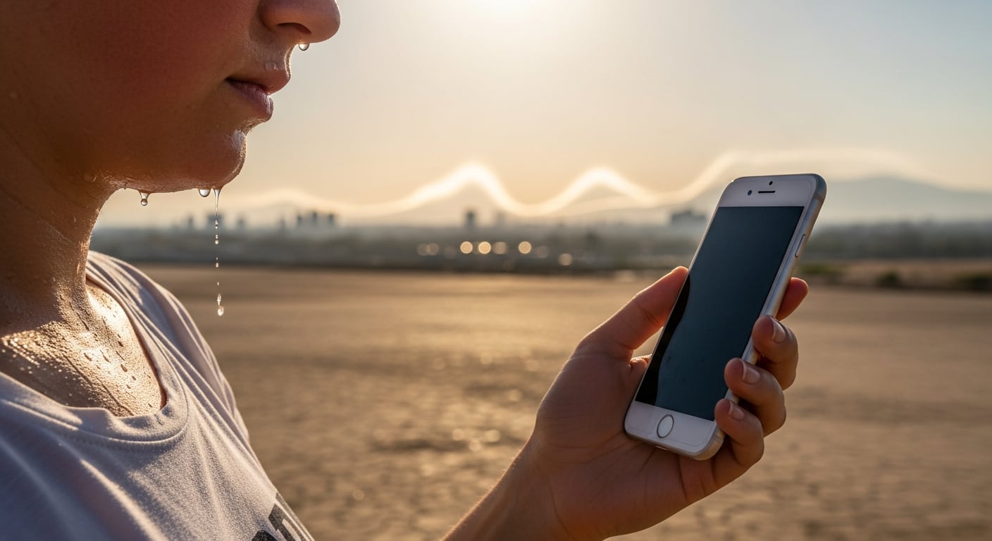 Una persona suda profusamente mientras usa un iPhone al aire libre, reflejando el impacto de temperaturas superiores a 35 grados centígrados. (Imagen Ilustrativa Infobae)