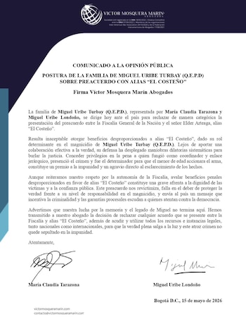 La familia de Miguel Uribe Turbay rechaza el preacuerdo entre la Fiscalía General de la Nación y Elder Arteaga, alias El Costeño, acusado por el crimen del dirigente político - crédito X