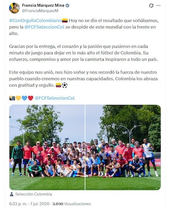 La vicepresidenta Francia Márquez envió un mensaje de reconocimiento al cuerpo técnico y a los jugadores tras la eliminación - crédito @FranciaMarquezM/X