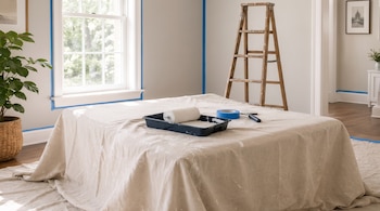Habitación con paredes pintadas de gris, ventana, planta en cesta, escalera de madera, lona de protección, rodillo de pintura en bandeja, cinta de pintor azul y espátula.