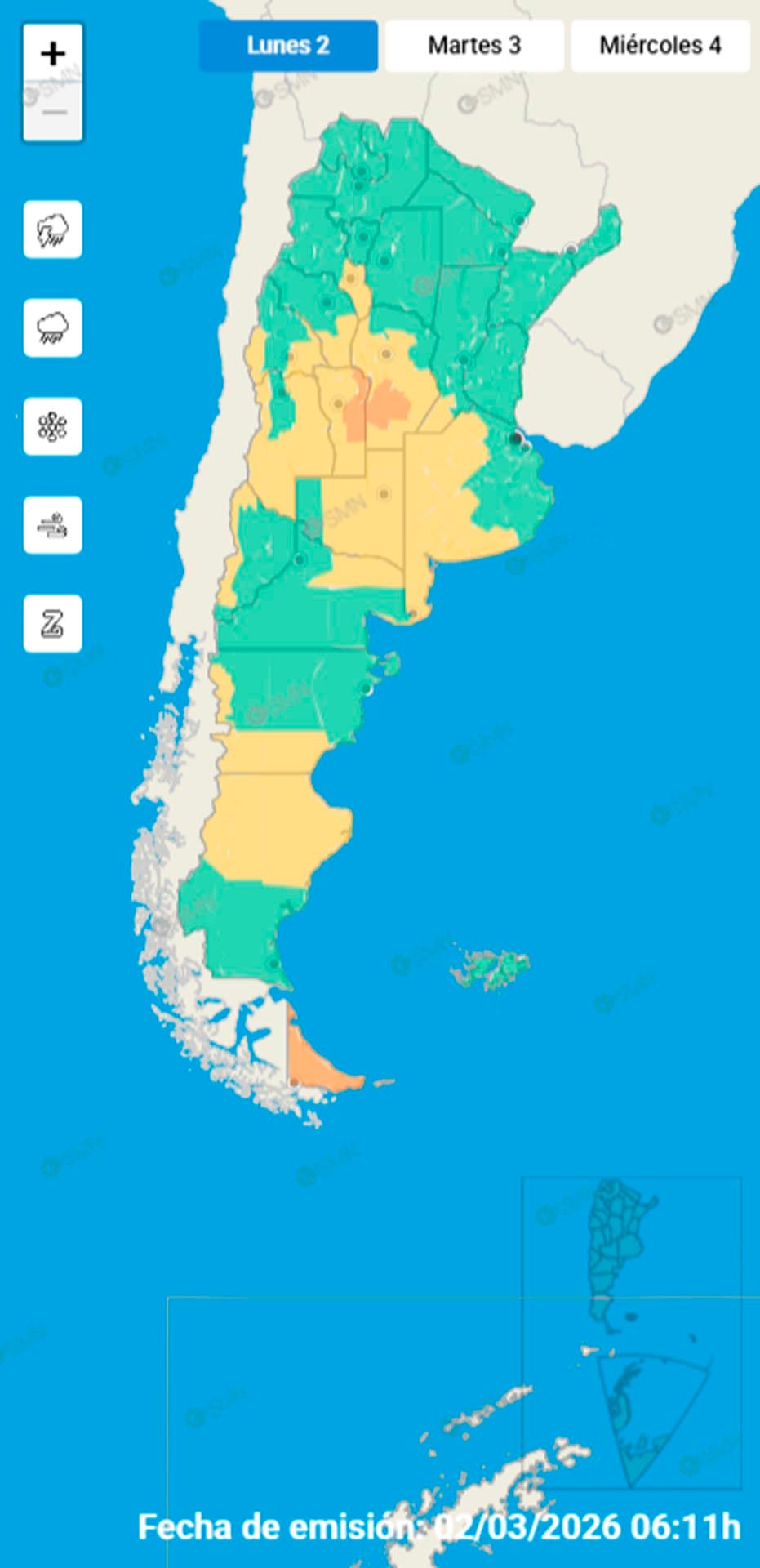 Un mapa muestra las alertas meteorológicas vigentes en Argentina para el martes 3 de marzo de 2026, con zonas de diferentes niveles de riesgo indicadas por colores.