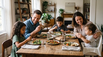 Un hombre, una mujer y tres niños están sentados a una mesa de madera comiendo platos de ensalada y vegetales.