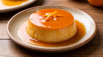 Flan redondo en un plato cerámico con salsa de caramelo y tiras de cáscara de naranja encima, sobre una mesa de madera.