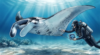 Ilustración naturalista de una buza con equipo de neopreno realizando un ultrasonido a una mantarraya gigante, mostrando un embrión en la pantalla sumergible.
