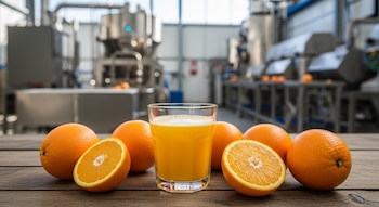 Un vaso de jugo de naranja, dos mitades de naranja y cinco naranjas enteras sobre una mesa de madera. Al fondo se observa maquinaria industrial desenfocada.