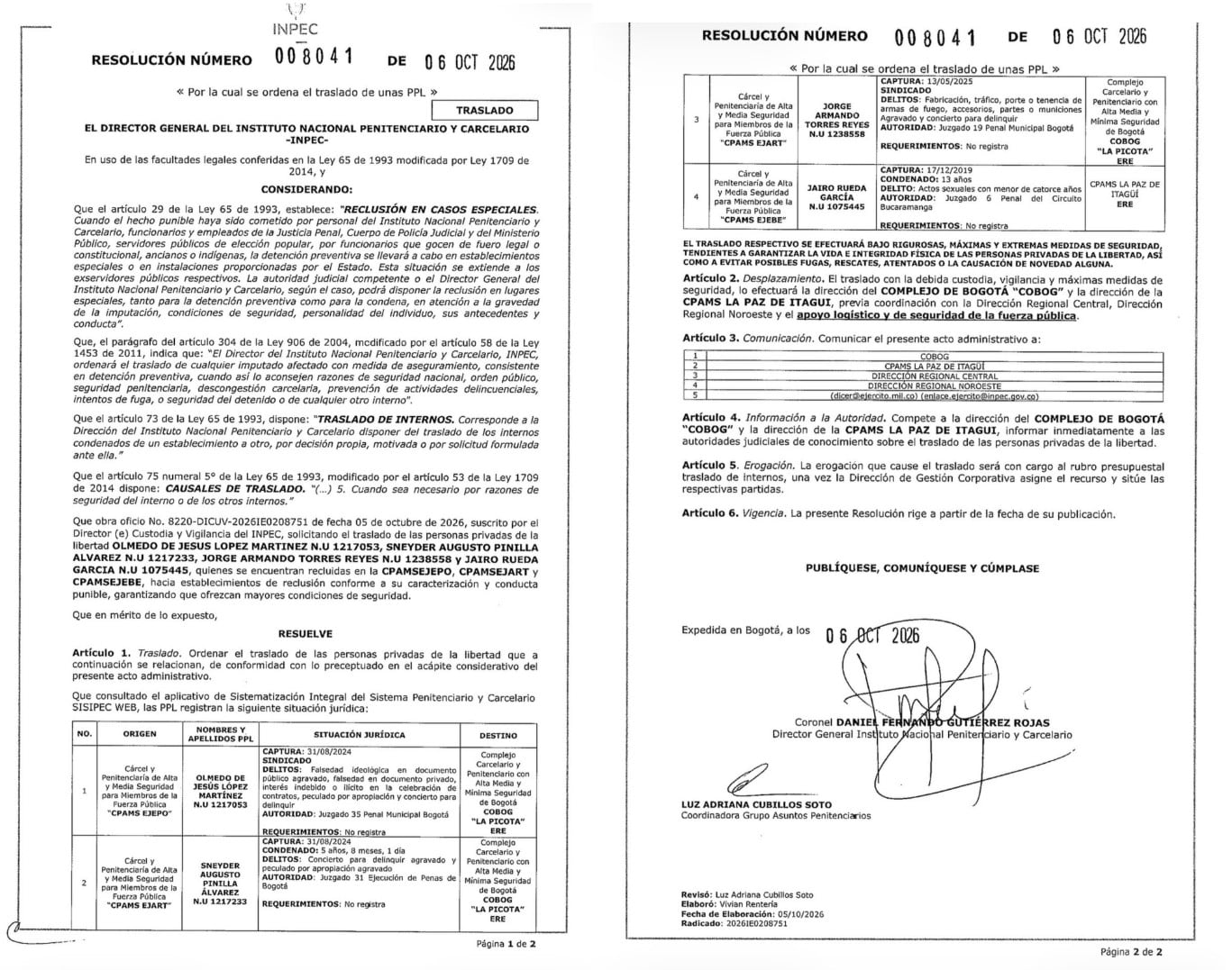 El Inpec ordenó trasladar al exsubdirector de la Ungrd y a Olmedo López a la cárcel La Picota - crédito Inpec