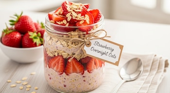 Un frasco de vidrio con avena trasnochada de fresa, con capas de avena, leche y fresas frescas. Un bol de fresas y una cuchara están cerca.