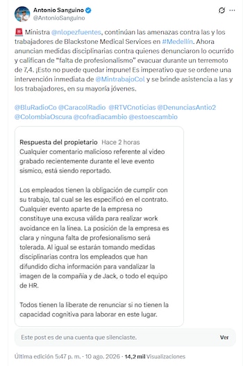 El exministro de Trabajo Antonio Sanguino le hizo la petición a la líder de la cartera designada por Abelardo de la Espriella que investigue a fondo el caso que se presentó en Medellín - crédito @AntonioSanguino/X