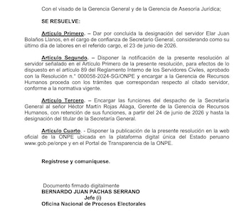 Un documento oficial en blanco y negro con texto impreso que detalla una resolución administrativa y una firma digital