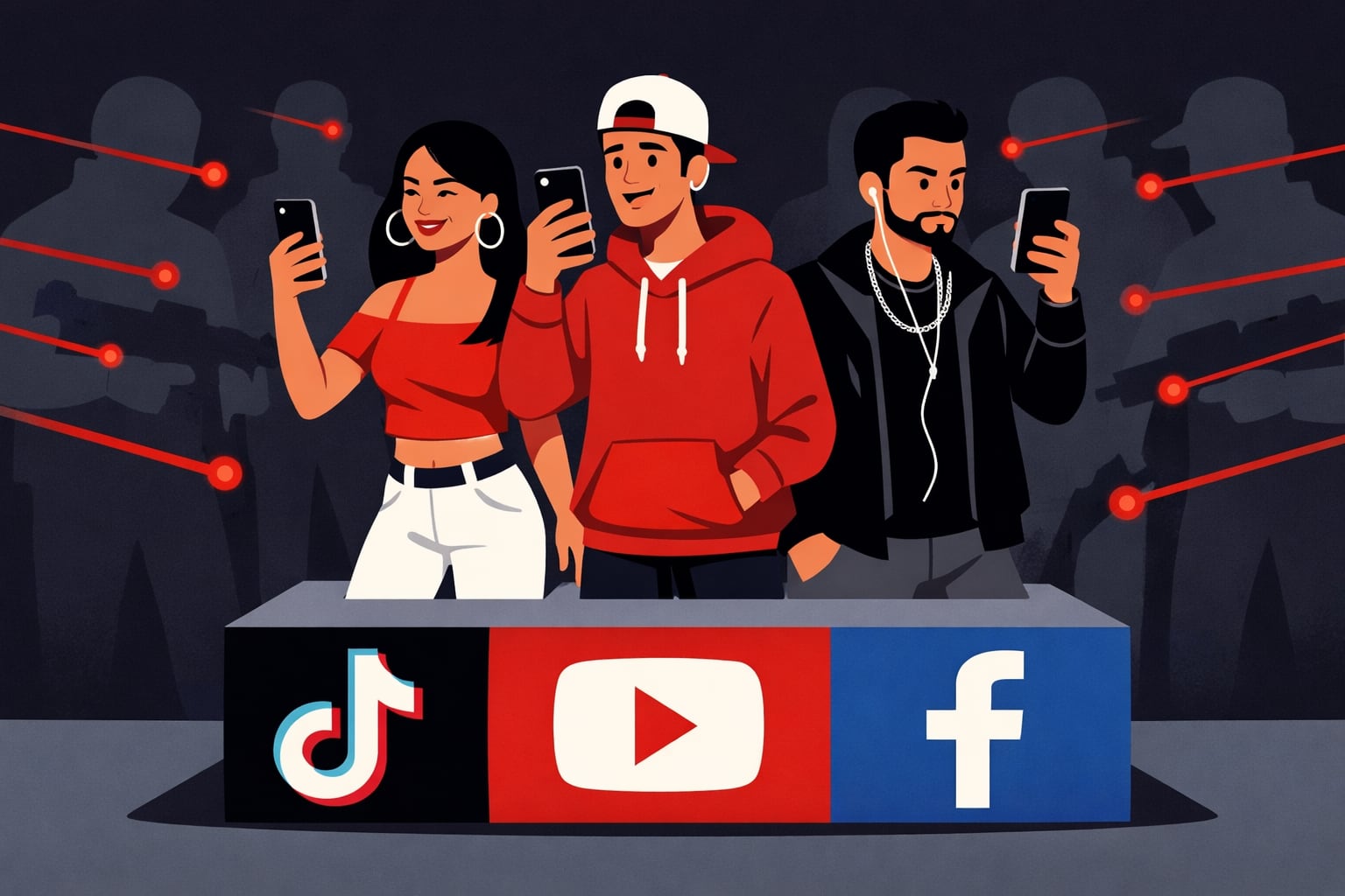 Tres influencers mexicanos usan sus celulares en una plataforma de redes sociales mientras siluetas armadas les apuntan con miras láser, simbolizando el acecho del crimen organizado. (Imagen Ilustrativa Infobae)