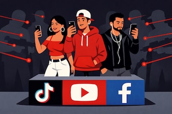 Tres personas jóvenes sobre una plataforma con logos de TikTok, YouTube y Facebook graban con celulares; siluetas oscuras de personas armadas les apuntan con miras láser rojas.