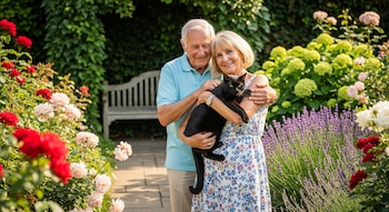 Una pareja de ancianos abraza a un gato negro en un jardín. Hay flores rojas, rosadas, blancas y lavanda. Se observa un banco de madera.