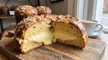 Pan dulce cortado por la mitad con relleno de crema pastelera. Cubierta con almendras laminadas y frutas confitadas. Otros panes y café al fondo.