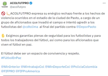 Acolfutpro rechazó las agresiones y pidió garantías de seguridad en los estadios. - crédito @acolfutpro/X