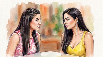 Ilustración en acuarela de dos mujeres con cabello oscuro mirándose fijamente; la de la izquierda con trenzas, la de la derecha con aretes largos.