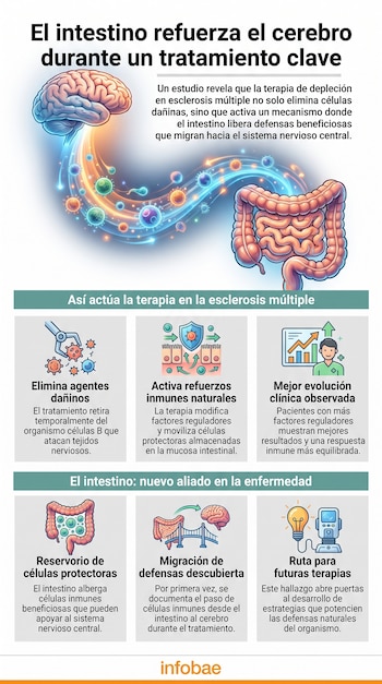 Infografía con un titular sobre el intestino y el cerebro en esclerosis múltiple, mostrando ilustraciones de estos órganos y células, junto a textos explicativos.