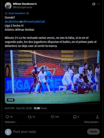 El exárbitro cuestionó la jugada de tiro penal a favor del Deportes Tolima que terminó en el gol de Sergio Aguayo-crédito @ArbitrajeFrente/X