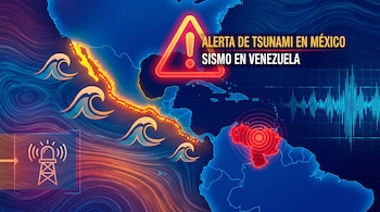 Mapa de América Latina con Venezuela y la costa del Pacífico mexicano. Iconos de olas, advertencia triangular y sirena. Gráfico de sismo. Texto: Alerta de Tsunami en México. Sismo en Venezuela.