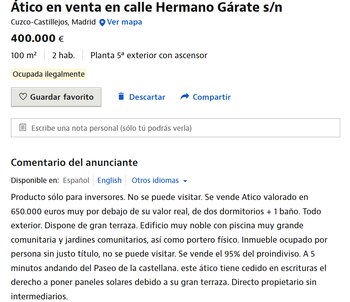 Anuncio vivienda ocupada ilegalmente (Idealista)