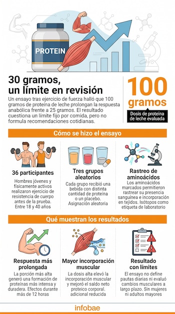 Infografía explicativa con ilustraciones de músculos, frascos, vasos, pesas y esquemas de texto organizados en secciones verticales.