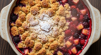 Vista superior de un crumble de frutas recién horneado en una fuente de cerámica, con cobertura dorada y espolvoreada con azúcar glas junto a frutas burbujeantes.