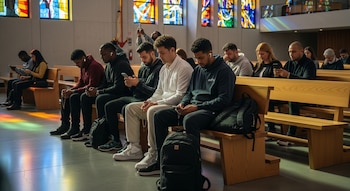Jóvenes de la Generación Z sentados en bancos de madera en una iglesia moderna con vitrales, algunos usan teléfonos, otros sostienen rosarios. Luz natural.