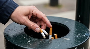 Mano adulta introduce colillas de cigarrillos en un cenicero público verde oscuro. Varias colillas quemadas y otras intactas están dentro del recipiente.