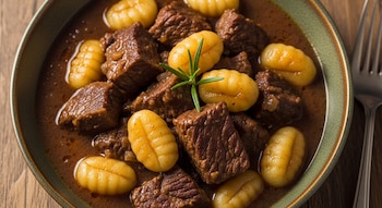 Primer plano de un cuenco con estofado de ternera y gnocchi, con trozos de carne oscura y patatas amarillas, decorado con romero.