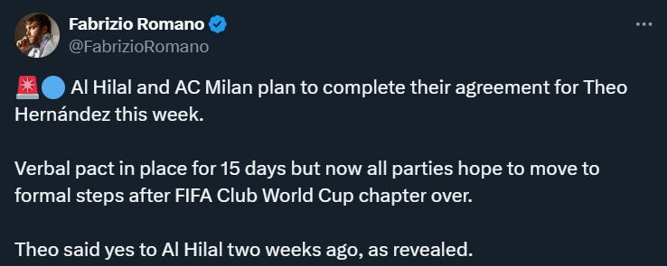 Fabrizio Romano confirmó acuerdo entre Al Hilal y AC Milan por el pase de Theo Hernández- crédito @FabrizioRomano/X