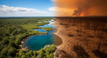 Paisaje aéreo dividido: a la izquierda, un bosque verde denso y agua cristalina; a la derecha, tierra agrietada, árboles carbonizados y un gran incendio con humo naranja.