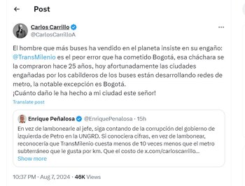 Carlos Carrillo discute en redes sociales con Enrique Peñalosa - crédito @CarlosCarrilloA
