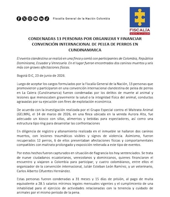 Trece personas recibieron condena penal por organizar y financiar una convención internacional clandestina de pelea de perros en la vereda Aurora Alta de La Calera, Cundinamarca, tras aceptar los delitos de muerte y lesiones graves a animales cometidos durante el evento - crédito Fiscalía General de la Nación